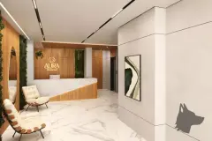 Perspectiva do lobby com recepção em madeira ripada, logotipo Aura Residence dourado, jardim vertical, poltronas e piso de mármore — Aura Residence em Capoeiras, Florianópolis