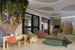 Perspectiva da brinquedoteca com árvore decorativa, macacos de pelúcia, piscina de bolinhas, pufes e teto nuvem com iluminação — Aura Residence em Capoeiras, Florianópolis