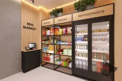 Perspectiva do mini market com prateleiras de snacks, geladeira de bebidas refrigeradas, caixa registradora e painel de ripas de madeira — Aura Residence em Capoeiras, Florianópolis