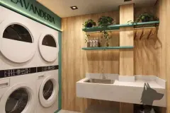 Perspectiva da lavanderia coletiva com quatro máquinas sobrepostas, prateleiras com plantas, bancada de mármore com pia e painel de madeira — Aura Residence em Capoeiras, Florianópolis