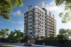 Perspectiva da fachada do Aura Residence Capoeiras ao dia com 10 andares, painel de folhas em relevo, varandas com vegetação e jardim na entrada — Aura Residence em Capoeiras, Florianópolis