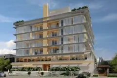 Perspectiva da fachada do Áurea Marina com 7 andares, revestimento de pedra clara, varandas com vegetação e jardim na entrada, ângulo frontal diurno — Aurea Marina em Cachoeira do Bom Jesus, Florianópolis