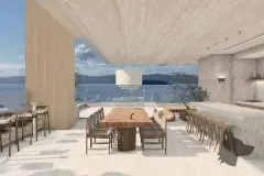 Perspectiva do salão gourmet de cobertura com mesa longa, cadeiras, pendentes e vista para o mar pela janela panorâmica, ângulo alternativo — Aurea Marina em Cachoeira do Bom Jesus, Florianópolis