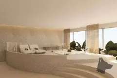 Perspectiva do spa com jacuzzi circular em pedra granulada, duas espreguiçadeiras brancas, biombo de ripas dourado, figueira e janelas altas iluminadas — Aurea Marina em Cachoeira do Bom Jesus, Florianópolis