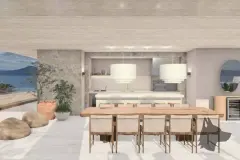 Perspectiva da cozinha gourmet de cobertura com mesa de madeira de 8 lugares, bancada com iluminação integrada, parede de pedra e vista para o mar pela varanda — Aurea Marina em Cachoeira do Bom Jesus, Florianópolis