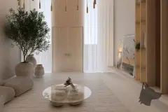 Perspectiva da sala de estar com sofá bege, mesa de café, armário de madeira e árvore decorativa, ângulo alternativo — Aurea Marina em Cachoeira do Bom Jesus, Florianópolis