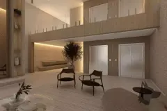 Perspectiva do lobby com pé-direito duplo, poltronas, elevadores e balcão iluminado, ângulo alternativo — Aurea Marina em Cachoeira do Bom Jesus, Florianópolis