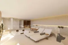 Perspectiva da área de spa com ducha cilíndrica, espreguiçadeiras e iluminação embutida nas paredes, ângulo alternativo — Aurea Marina em Cachoeira do Bom Jesus, Florianópolis