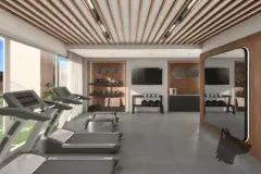 Perspectiva da academia com esteiras, rack de halteres e TVs em painel de madeira, ângulo alternativo — Aurea Marina em Cachoeira do Bom Jesus, Florianópolis