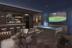 Perspectiva do pub inglês com mesa de bilhar, bar com garrafas iluminadas e TV de futebol, ângulo alternativo — Aurea Marina em Cachoeira do Bom Jesus, Florianópolis