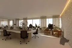 Perspectiva do home office privativo com mesa em ângulo, cadeiras giratórias e poltronas caramelo, ângulo alternativo — Aurea Marina em Cachoeira do Bom Jesus, Florianópolis