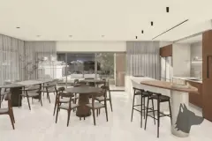 Perspectiva do salão gourmet com mesas de jantar de madeira, bancada de ilha e adega, ângulo alternativo — Aurea Marina em Cachoeira do Bom Jesus, Florianópolis