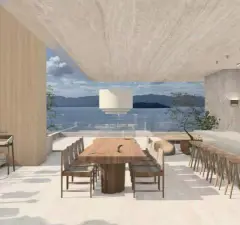 Perspectiva do salão gourmet de cobertura com mesa longa de jantar, cadeiras de couro e bancada de mármore com vista para o mar — Aurea Marina em Cachoeira do Bom Jesus, Florianópolis