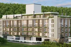 Perspectiva da fachada do edifício B7 Essence Brava com 5 andares, varandas com vegetação, revestimento de madeira e garagem no térreo — B7 Essence Brava em Praia Brava, Florianópolis