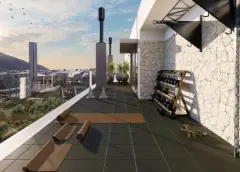 Perspectiva da academia ao ar livre no rooftop do B7 Essence Brava com kettlebells, tapetes, barra fixa e vista para o morro - ângulo alternativo — B7 Essence Brava em Praia Brava, Florianópolis