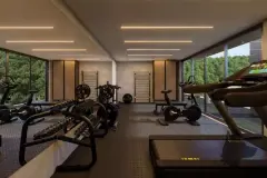 Perspectiva da academia interna do B7 Essence Brava com equipamentos de musculação, bicicleta ergométrica, esteira e janelas com vista para a mata — B7 Essence Brava em Praia Brava, Florianópolis
