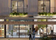 Perspectiva do térreo comercial do B7 Essence Brava com mini mercado, cafeteria e loja de roupas com moradores na calçada — B7 Essence Brava em Praia Brava, Florianópolis