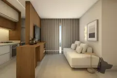 Perspectiva da sala integrada do apartamento do B7 Essence Brava com sofá branco, painel de TV em madeira e porta de vidro para a varanda — B7 Essence Brava em Praia Brava, Florianópolis