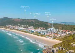 Infográfico aéreo de localização do B7 Essence Brava na Praia Brava com pino marcador e vista para a praia e oceano — B7 Essence Brava em Praia Brava, Florianópolis