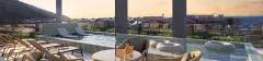 Perspectiva da piscina no rooftop do B7 Essence Brava ao entardecer com bóias, espreguiçadeiras e vista para o bairro e oceano ao fundo — B7 Essence Brava em Praia Brava, Florianópolis