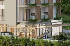Perspectiva do térreo do B7 Essence Brava ao entardecer com entrada da loja, minimarket iluminado e varandas com vegetação — B7 Essence Brava em Praia Brava, Florianópolis