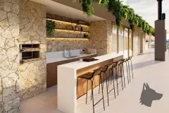 Perspectiva do espaço gourmet no rooftop do B7 Essence Brava com churrasqueira, bancada de quartzo, prateleiras iluminadas e banquetas em parede de pedra — B7 Essence Brava em Praia Brava, Florianópolis
