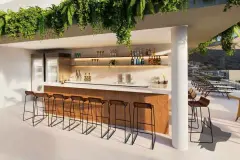 Perspectiva do bar no rooftop do B7 Essence Brava com bancada branca, banquetas de madeira, prateleira com garrafas e piscina ao fundo — B7 Essence Brava em Praia Brava, Florianópolis