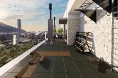 Perspectiva da academia ao ar livre no rooftop do B7 Essence Brava com kettlebells, tapetes, cones e barra fixa - ângulo diferente — B7 Essence Brava em Praia Brava, Florianópolis