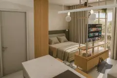 Perspectiva da sala integrada do apartamento loft do B7 Essence Brava com área de dormir no mezanino, mesa de trabalho e TV — B7 Essence Brava em Praia Brava, Florianópolis