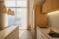 Perspectiva da cozinha do apartamento do B7 Essence Brava com ilha central com banquetas, prateleiras de vime suspensas e coifa — B7 Essence Brava em Praia Brava, Florianópolis