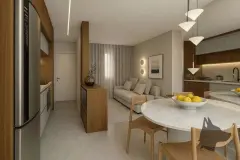 Perspectiva da sala integrada do apartamento do B7 Essence Brava com mesa de jantar redonda em mármore, sofá e cozinha americana — B7 Essence Brava em Praia Brava, Florianópolis