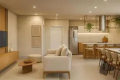 Perspectiva da sala integrada do apartamento do B7 Essence Brava com sofá, mesa de jantar, TV e cozinha com coifa suspensa — B7 Essence Brava em Praia Brava, Florianópolis