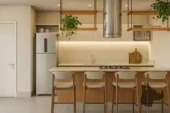 Perspectiva da cozinha do apartamento do B7 Essence Brava com ilha central com banquetas, luminárias de vime e janela ampla - ângulo alternativo — B7 Essence Brava em Praia Brava, Florianópolis