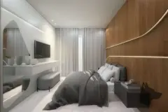 Perspectiva do quarto do apartamento do B7 Essence Brava com cama de casal, painel de madeira com detalhe dourado e penteadeira — B7 Essence Brava em Praia Brava, Florianópolis