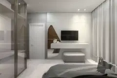 Perspectiva do quarto do apartamento do B7 Essence Brava com cama de casal, closet de vidro espelhado e banco estofado — B7 Essence Brava em Praia Brava, Florianópolis