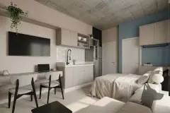 Perspectiva do studio do B7 Park Marina com cozinha americana, mesa de trabalho, cama e sofá integrados — B7 Park Marina em Agronômica, Florianópolis
