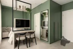 Perspectiva do studio, ângulo alternativo, com mesa de trabalho, closet espelhado e espaço integrado em verde — B7 Park Marina em Agronômica, Florianópolis