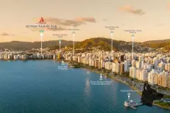 Vista aérea da localização do B7 Park Marina com pontos de interesse na orla de Florianópolis ao pôr do sol — B7 Park Marina em Agronômica, Florianópolis