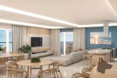 Perspectiva da sala de estar integrada à cozinha americana em tons azul e madeira com vista para o mar — Barra 4 Club Residence em Barra da Lagoa, Florianópolis