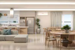Perspectiva da área gourmet do Barra 4 Club Residence com cozinha americana, mesa de jantar e vista para o mar — Barra 4 Club Residence em Barra da Lagoa, Florianópolis