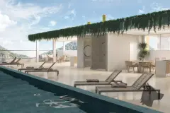 Perspectiva da piscina no rooftop do Barra 4 Club Residence com espreguiçadeiras, pérgola verde e vista para o mar — Barra 4 Club Residence em Barra da Lagoa, Florianópolis