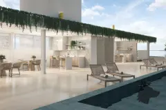 Perspectiva da área de lazer no rooftop com piscina, espreguiçadeiras e cozinha ao ar livre — Barra 4 Club Residence em Barra da Lagoa, Florianópolis