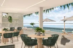 Perspectiva do salão aberto no rooftop do Barra 4 Club Residence com mesas, piscina e vista para o mar — Barra 4 Club Residence em Barra da Lagoa, Florianópolis