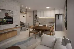 Sala de estar com parede de pedra, TV, mesa de jantar de madeira e cozinha americana ao fundo — Bella Sintra Residence em Estreito, Florianópolis