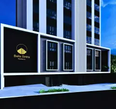 Perspectiva da fachada frontal com térreo em preto, logotipo dourado e calçada — Bella Sintra Residence em Estreito, Florianópolis