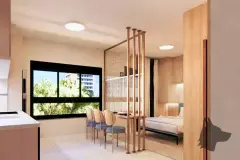 Studio com sala de jantar e dormitório separados por divisória em ripas de madeira, janela com vista urbana — Bella Sintra Residence em Estreito, Florianópolis