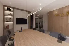 Sala de reuniões com mesa comprida, TV e visão para a academia através de vidro divisório — Bella Sintra Residence em Estreito, Florianópolis