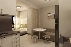 Studio compacto com cozinha, mesa de jantar e dormitório separado por divisória em palha — Bella Sintra Residence em Estreito, Florianópolis