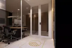 Hall de entrada com piso decorado com logotipo e coworking com mesa de reunião ao lado — Bella Sintra Residence em Estreito, Florianópolis