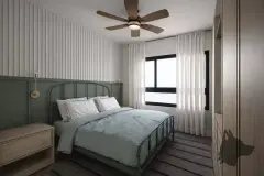 Dormitório com cama de casal, parede verde com boiserie branco e ventilador de teto — Bella Sintra Residence em Estreito, Florianópolis